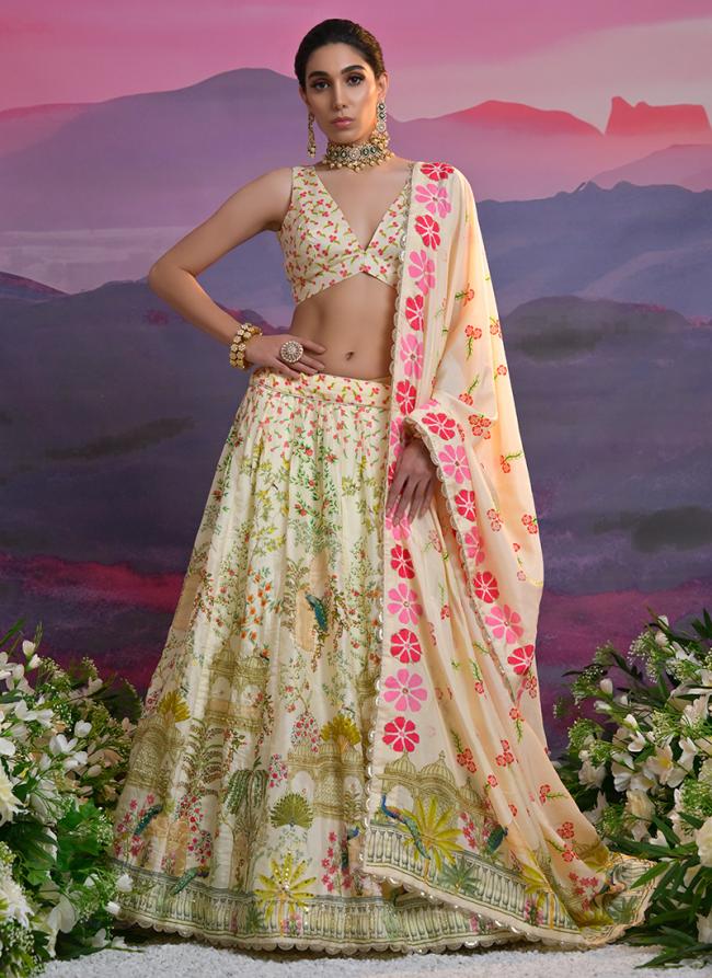 Viscose Cream Ceremonial Wear Printed Lehenga Choli